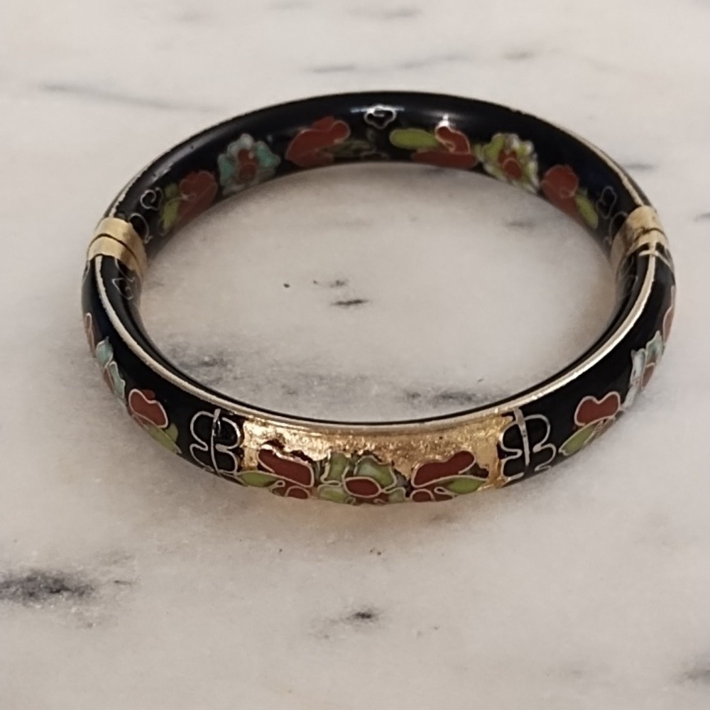 Vintage Cloisonne Hinged Bracelet with Enamel On Outside & Inside Collectible - Picture 9 of 10